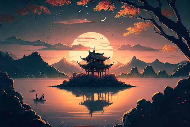 Pintura de una pagoda en medio de un lago generativo ai