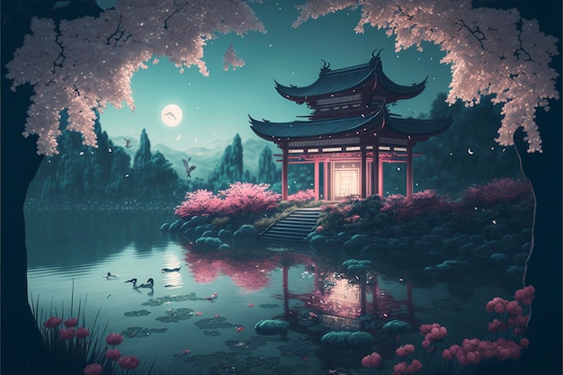 Pintura de una pagoda en medio de un lago generativo ai