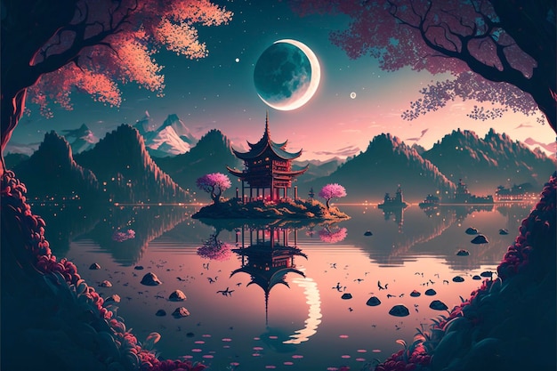 Pintura de una pagoda en medio de un lago generativo ai