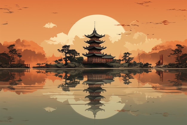 Pintura de una pagoda en medio de un lago