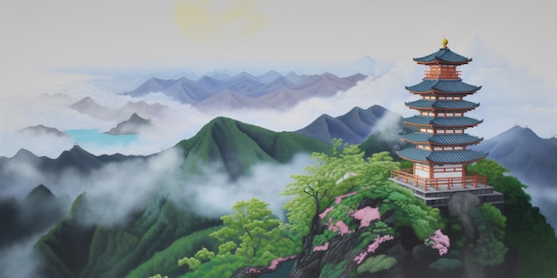 Una pintura de una pagoda con una montaña al fondo.