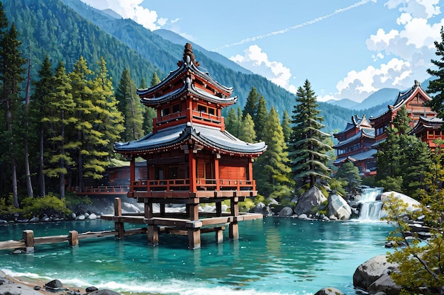 Una pintura de una pagoda en un paisaje de montaña.