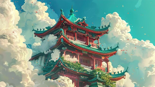 Foto una pintura de una pagoda con las palabras chinas en ella