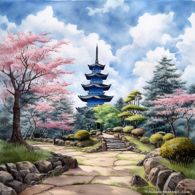 Pintura de una pagoda en un parque con un camino que conduce a ella