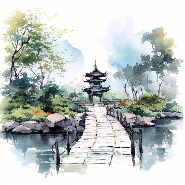 una pintura de una pagoda en un parque con un puente generativo ai