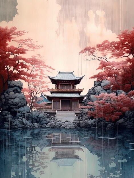 Foto una pintura de una pagoda con un reflejo de un edificio en el agua