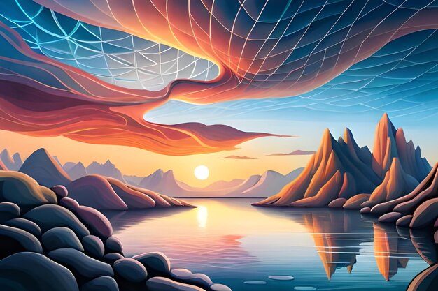 Pintura de paisaje abstracto de fantasía con vista panorámica del atardecer del lago de montañas ai generativo