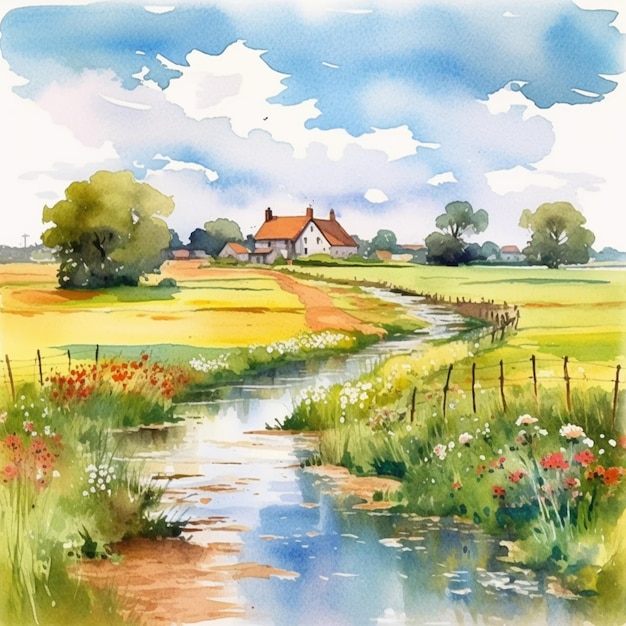 Pintura de un paisaje de acuarela con un arroyo y una granja generativa ai