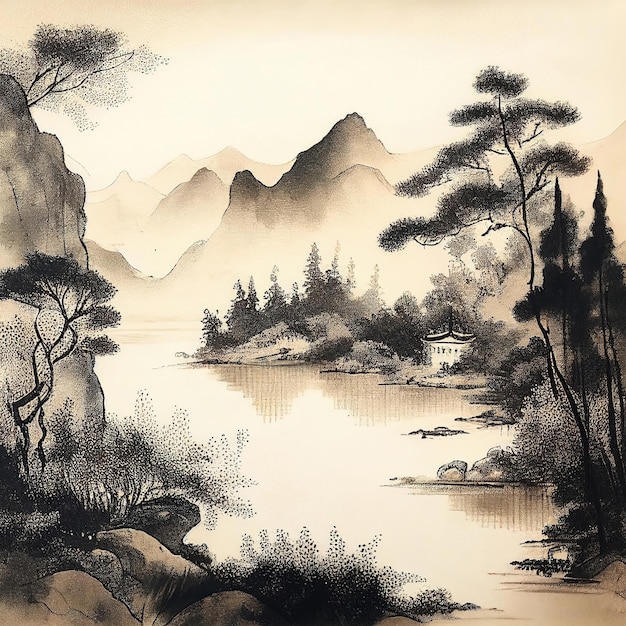 Pintura de paisaje de acuarela china