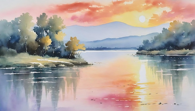 Pintura del paisaje de acuarela del lago Sunset