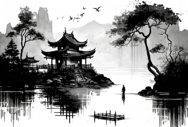 Pintura de paisaje de agua y tinta de estilo chino generada por IA