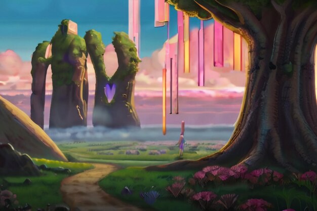 Foto una pintura de un paisaje con un árbol con un corazón en él