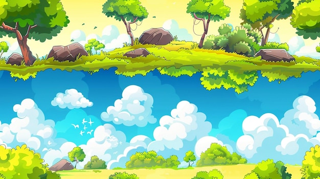 una pintura de un paisaje con árboles y un avión en el cielo