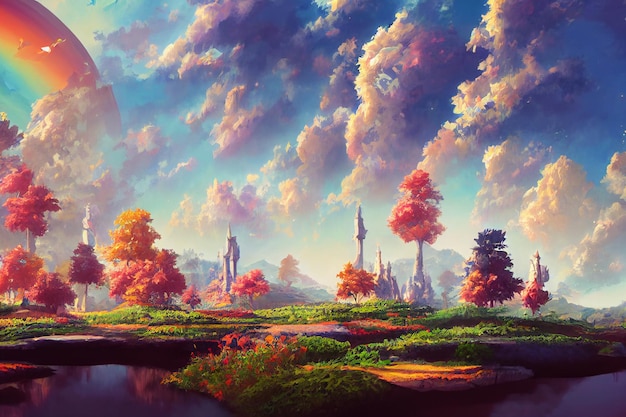 Una pintura de un paisaje con árboles y un cielo nublado