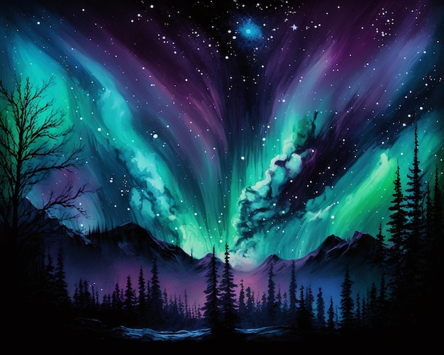 Una pintura de un paisaje con la aurora boreal encima.