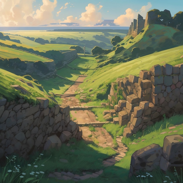 Una pintura de un paisaje con un camino de piedra que conduce a un castillo.