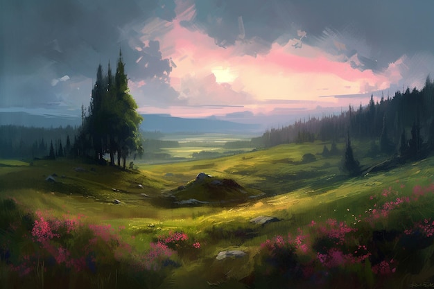 Una pintura de un paisaje con un campo de flores y un cielo nublado.