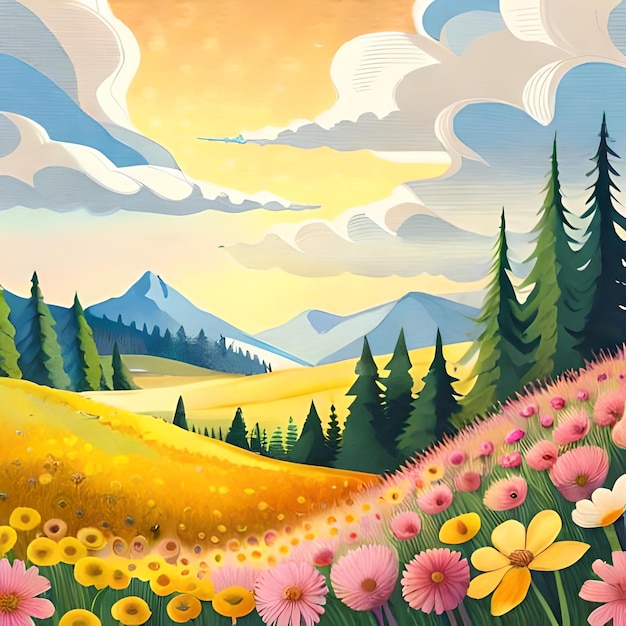 Una pintura de un paisaje con un campo de flores silvestres y montañas.