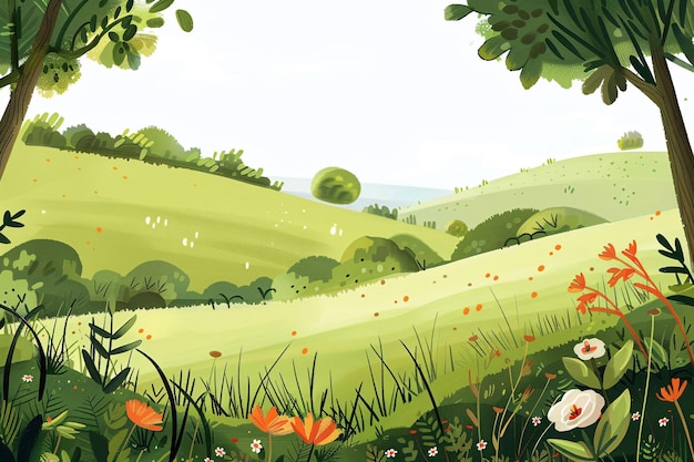 una pintura de un paisaje con un campo de hierba y flores Ilustración de los términos solares del equinoccio de primavera