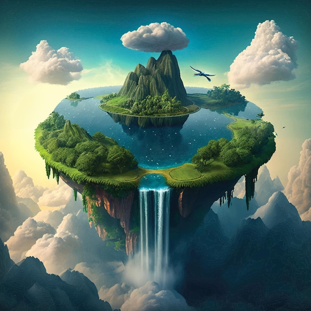 Una pintura de un paisaje con una cascada y un avión volando en el cielo.