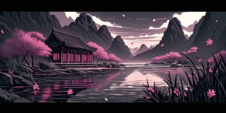 pintura de un paisaje chino con un lago y montañas generativo ai