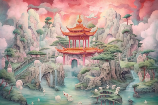 Pintura de un paisaje chino con pagoda y cisnes ai generativo