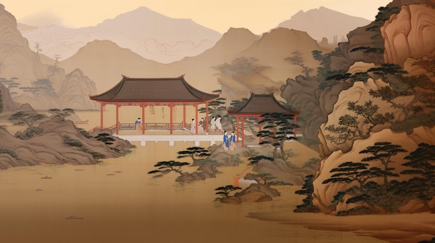 pintura de un paisaje chino con una pagoda y una montaña generativa ai