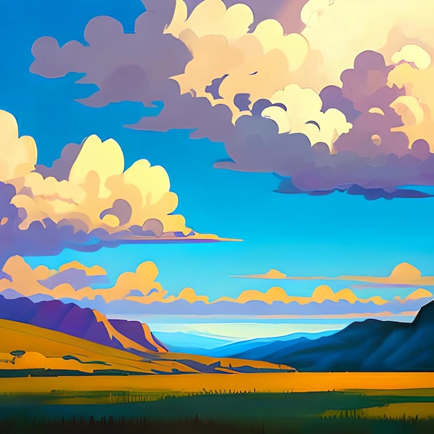 Una pintura de un paisaje con un cielo azul y nubes.