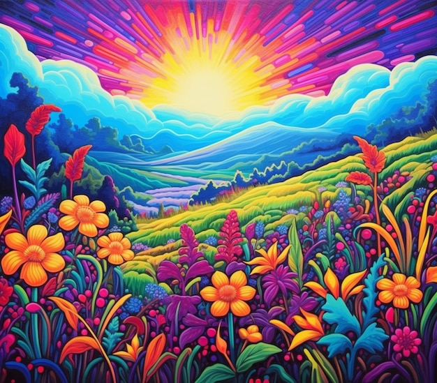 pintura de un paisaje colorido con flores y un sol generativo ai