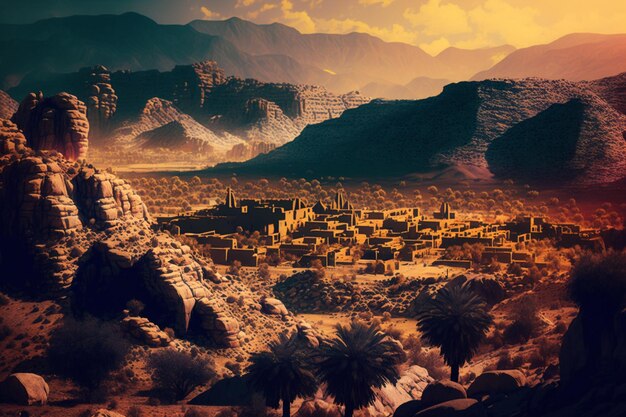 Una pintura de un paisaje desértico con montañas y una escena desértica.