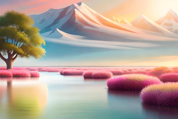 Una pintura de un paisaje desértico con montañas y un lago con hierba rosa.