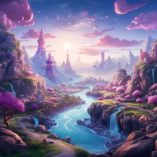 una pintura de un paisaje de fantasía con un río y un castillo ai generativo