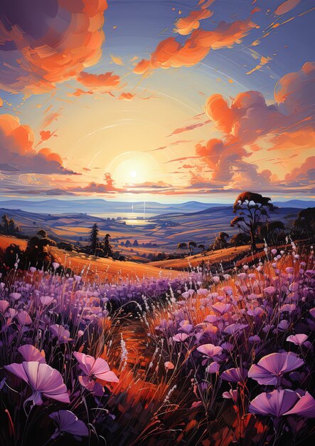 una pintura de un paisaje con flores y un atardecer