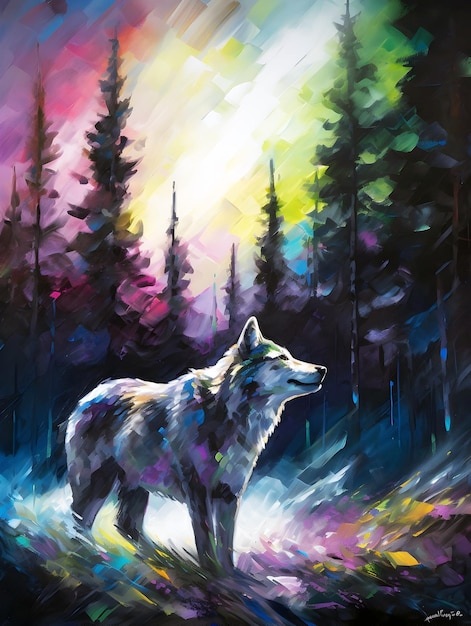 pintura de un paisaje forestal con un majestuoso lobo gris