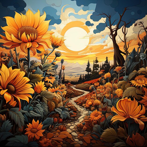 una pintura de un paisaje con girasoles y árboles