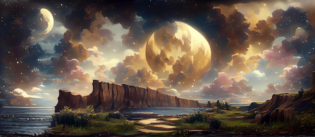 Una pintura de un paisaje con una gran luna y un gran planeta al fondo.