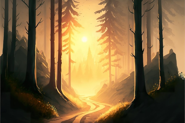 Pintura de paisaje de hermoso bosque con luz solar.