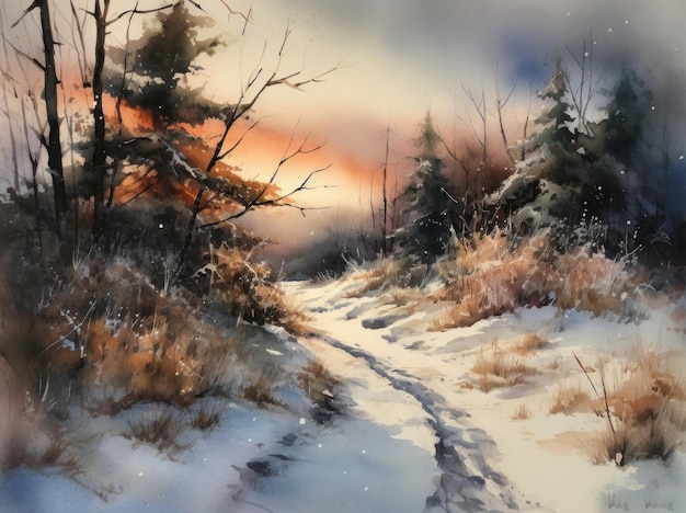 Una pintura de paisaje invernal de un camino nevado.