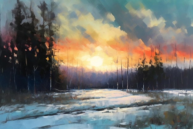 Una pintura de un paisaje invernal con una puesta de sol de fondo.