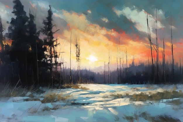 Una pintura de un paisaje invernal con una puesta de sol de fondo.