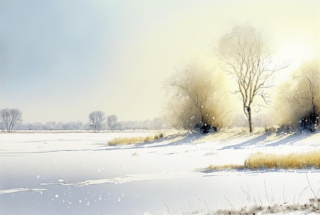 Pintura de paisaje de invierno de acuarela Día soleado