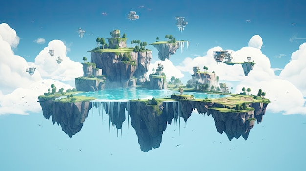 una pintura de un paisaje con islas submarinas y nubes en el agua.