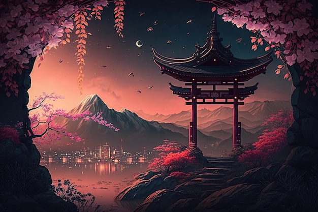 Foto una pintura de un paisaje japonés con una pagoda y una ciudad al fondo.