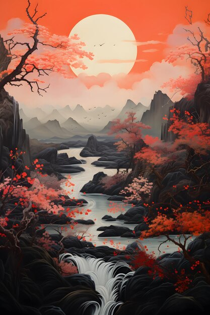 pintura de paisaje japonesa luminosa tradicional