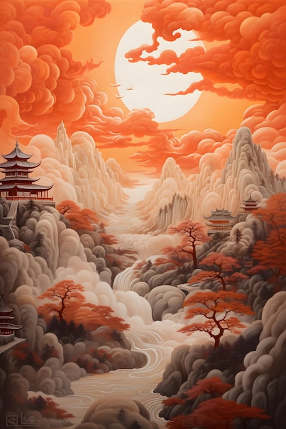 pintura de paisaje japonesa luminosa tradicional