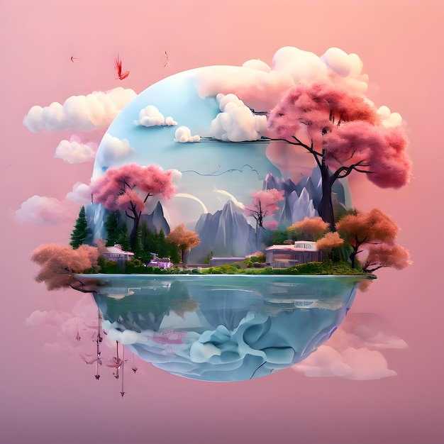 una pintura de un paisaje con un lago y montañas en el fondo