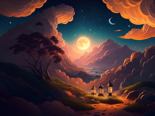 Una pintura de un paisaje con una luna y la luna.