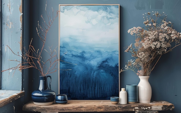 Foto una pintura de un paisaje en un marco que dice el océano