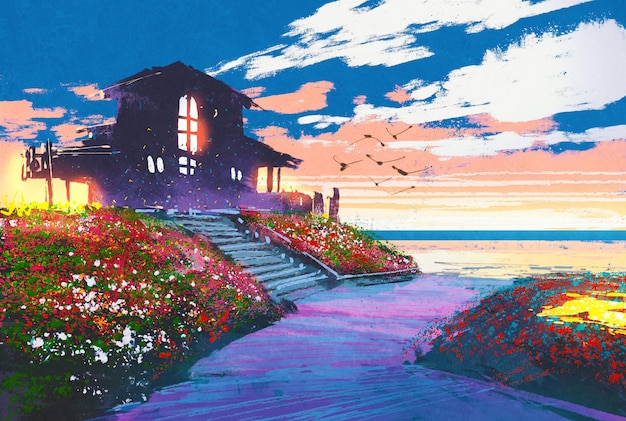 Pintura de paisaje marino con casa de playa y flores de colores en el fondo