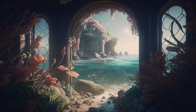 Una pintura de un paisaje marino con un castillo al fondo.